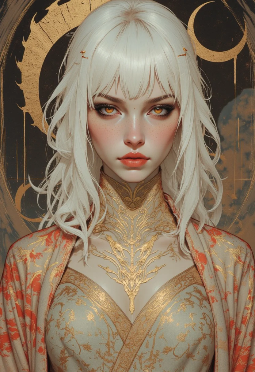 OBxiaoxiang, in the style of ck-mgs, portrait of japanese sci-fi galactic empress, long platinum hair, bangs, sidelocks, dark eyeshadow, sheer figure-hugging robes with eastern dragon motif, red lips, directional light, sci-fi palace