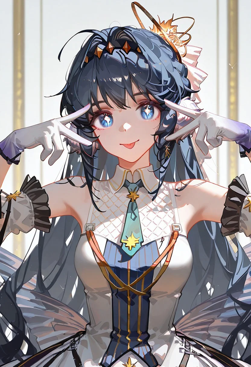 masterpiece, best quality, upper body, solo, 1girl,
astesia_\(frlibe_on_the_palace\)_\(arknights\), blue hair,blue eyes,white pupils , halo, gradient gloves ,bare shoulders ,white pantyhose, detached sleeves , white dress,
nctaw_style, ningen mame, ciloranko, (tianliang duohe fangdongye:0.9), ask \(askzy\), (wlop:0.9),
aihsnpose, smile, tongue out, double v, star-shaped pupils,
half updo, aqua ascot
<segment:yolo-Anzhc Face seg 640 v2 y8n.pt,0.4,0.5//cid=1>