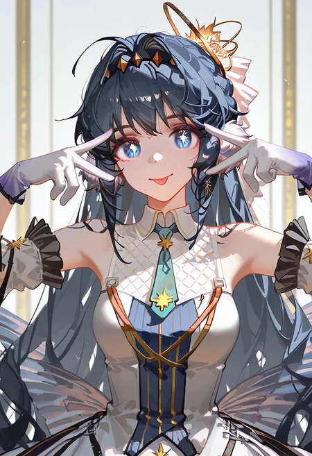 masterpiece, best quality, upper body, solo, 1girl,
astesia_\(frlibe_on_the_palace\)_\(arknights\), blue hair,blue eyes,white pupils , halo, gradient gloves ,bare shoulders ,white pantyhose, detached sleeves , white dress,
nctaw_style, ningen mame, ciloranko, (tianliang duohe fangdongye:0.9), ask \(askzy\), (wlop:0.9),
aihsnpose, smile, tongue out, double v, star-shaped pupils,
half updo, aqua ascot
<segment:yolo-Anzhc Face seg 640 v2 y8n.pt,0.4,0.5//cid=1>