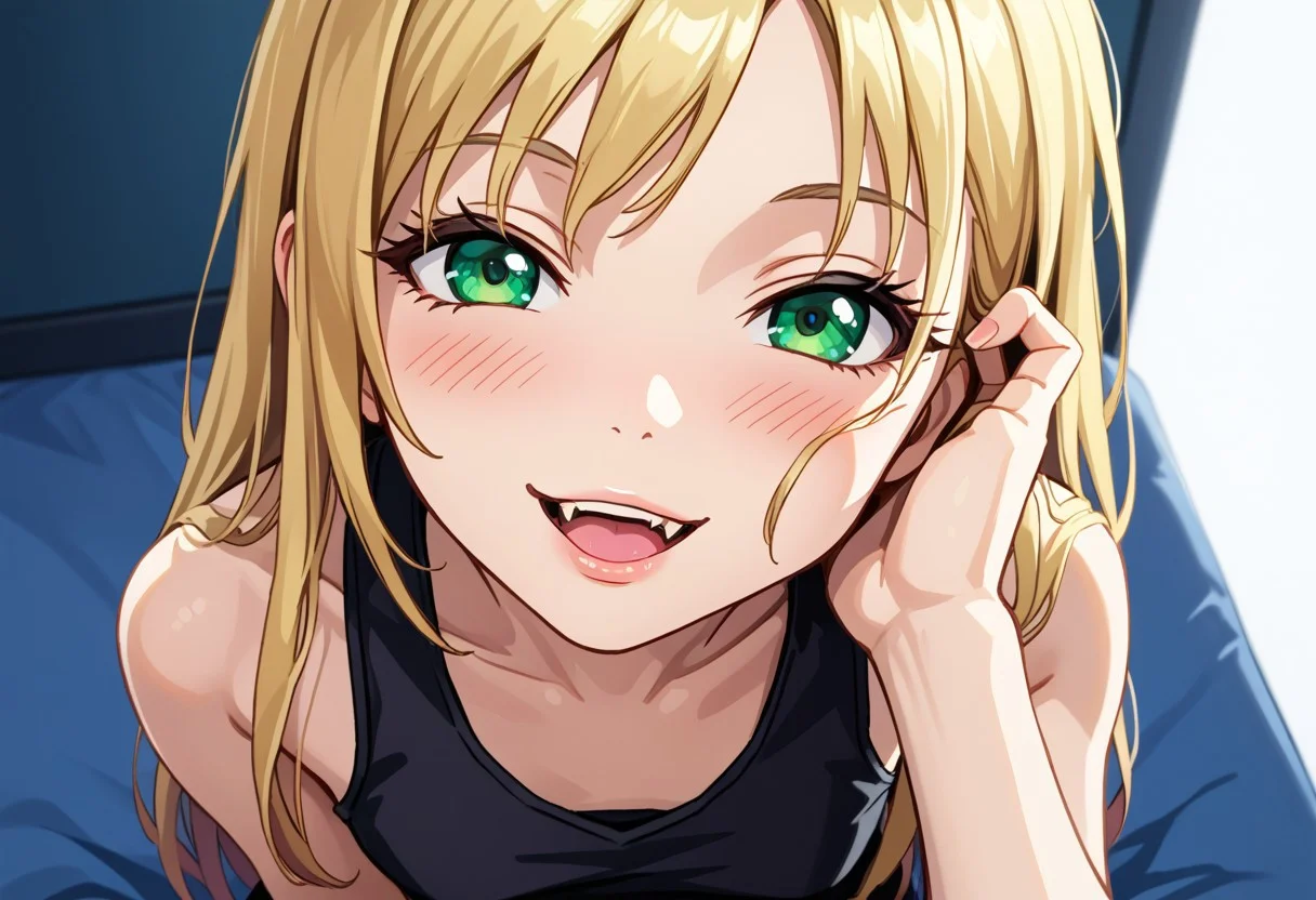 score_10, score_9, score_8_up, 43stl1ght1ng, dramatic lighting,
adult, masterpiece, best quality, NSFW, 1ly4, p3rf3ctb, (Sh1r3n:1.2),
looking at viewer, pov kiss, touching cheek, smug, fangs out, close-up, cute, blush, face squish, looking up at viewer, perspective from above,
1girl, 21+, average height, (petite body), (medium breast:1.0), eyelashes, blonde, green eyes, long length hair, black tanktop, clevage,