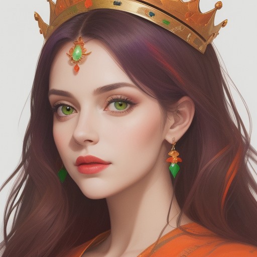 Portrait of a beautiful Queen.
Orange, red, green,  purple colors only.