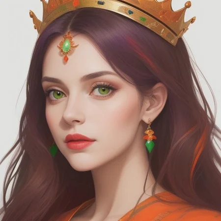 Portrait of a beautiful Queen.
Orange, red, green,  purple colors only.