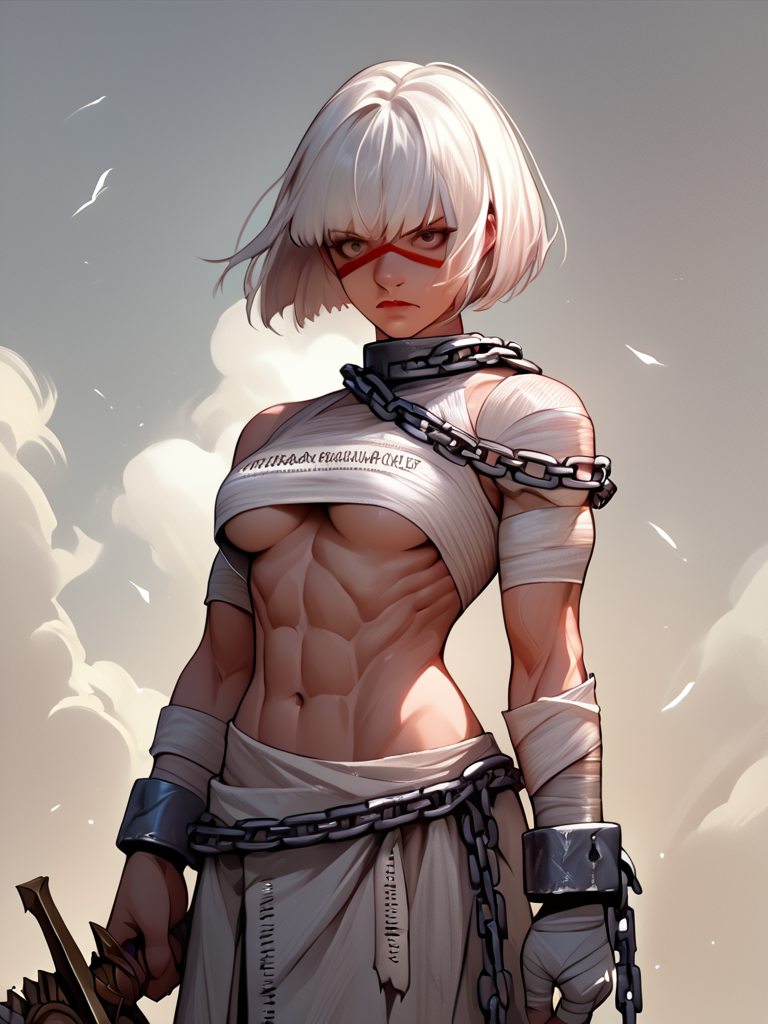 score_7_up, score_8_up, score_9, masterpiece, perfect face, high quality, source_anime, (1girl, solo,) <lora:Sister_of_Battle_Repentia_-_Warhammer_40k:1> repentia, white hair, bob cut, chain, bandages, underboob, muscular, sword