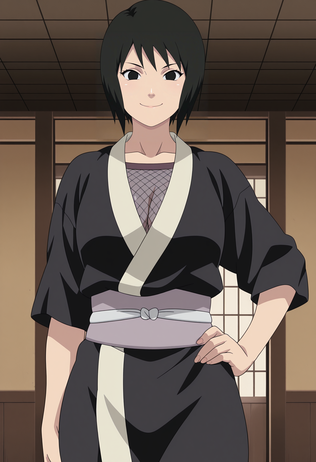 1girl,solo,mm,mature female,black hair,short hair,black eyes,,anime coloring,
,fishnets,japanese clothes,ninja,hand on own hip, looking at viewer, smile,indoors
,masterpiece,best quality,amazing quality,<lora:Shizune-Naruto:0.8>
