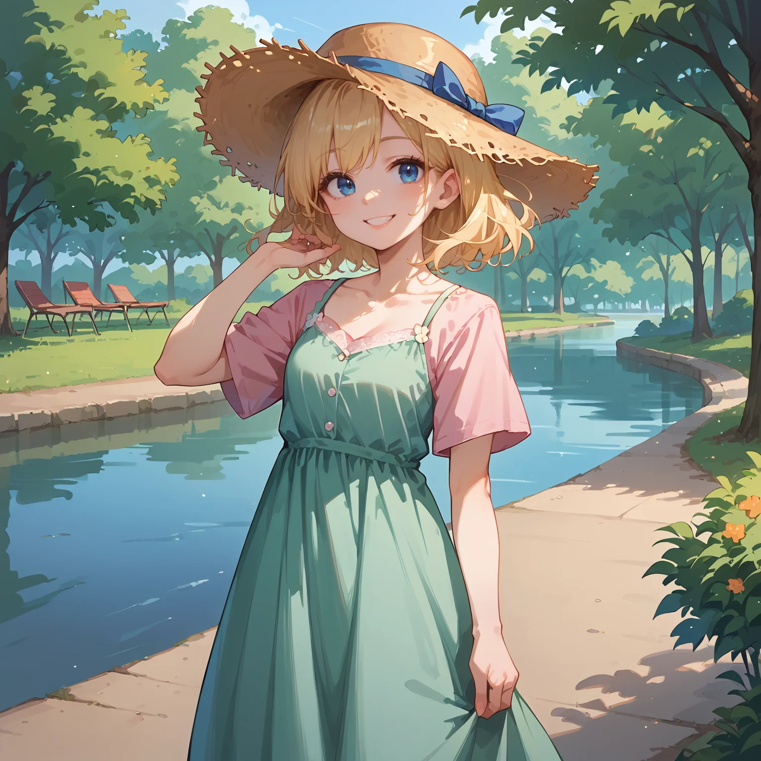 score_9, score_8_up, score_7_up,source_anime, park, trees, small lake, 1girl, smile, blonde hair, blue eyes, straw hat, <lora:Casual_shirt_with_spaghetti_dress:0.9> cshwsp, shirt under dress, pink shirt, green dress,