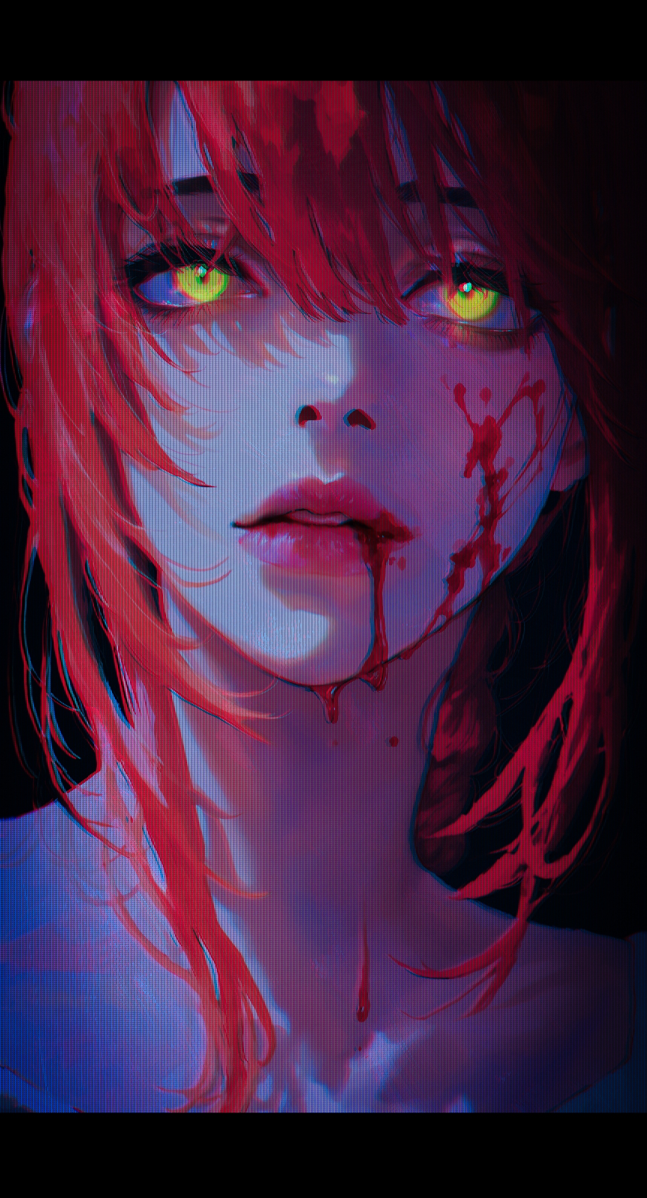 1girl, makima \(chainsaw man\), chainsaw man,   (by agnes cecile, by kaneoya sachiko, by 96yottea, 
:1.2), gradient coloring, glowing coloring, 
 aegyo sal, (portrait:1.2), head tilt, staring, upper body, nose, lips, half-closed eyes,  red hair,  yandere, blood splatter on face,  blood from mouth, (glowing yellow eyes:1.2), closed mouth, parted lips, hair over eyes, eyes visible through hair, 
dark theme, dark room, 
,masterpiece, highres, greatscore, absurdres,