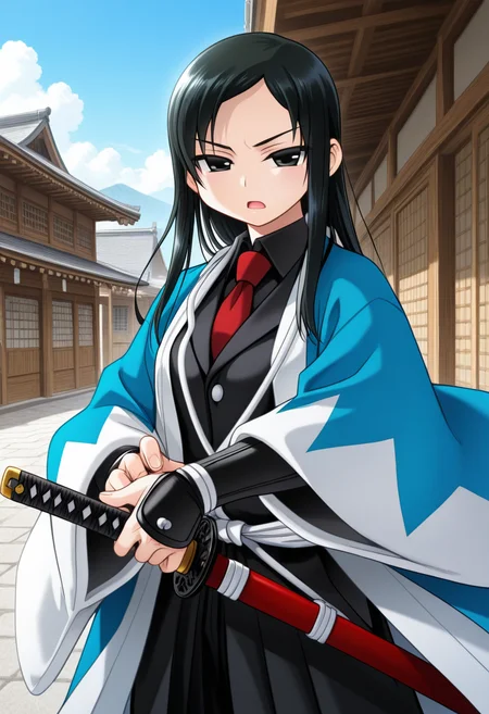 ((safe)), 1girl, hijikatatoshie, black hair, long hair, parted bangs, black eyes, japanese clothes, haori, shinsengumi, red necktie, kote, serious, open mouth, katana, outdoors, town, japan, looking at viewer, shiny skin, best quality, amazing quality, very aesthetic, absurdres,  <lora:hijikata_toshie:1>