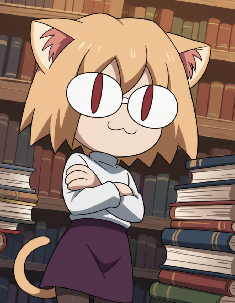 score_9, score_8_up, score_7_up, source_anime, <lora:carnivalphantasm-neco-arc-ova-ponyxl-lora-nochekaiser:1>, neco arc, short hair, blonde hair, red eyes, animal ears, tail, cat ears, chibi, cat tail, slit pupils,, skirt, pantyhose, sweater, purple skirt,, library, reading books, glasses, quiet, focused, shelves of books, , , crossed arms, smug, solo,, dutch angle, cowboy shot