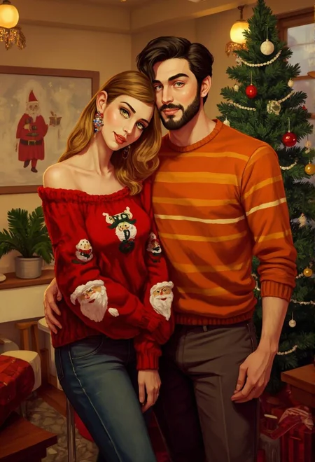 <lora:ck-LttleGhost-000011.safetensors:1> in the style of ck-lttlegh0stIn this enchanting 1970s-inspired holiday scene, two stylish individuals exude warmth and festive spirit as they stand together in a cozy, warmly-lit indoor setting. The woman sports a striking red off-shoulder sweater with Santa Claus patterns, while the man wears a vibrant striped orange sweater. They are surrounded by classic Christmas decorations, including a vintage green tree adorned with ornaments, adding to the nostalgic ambiance.