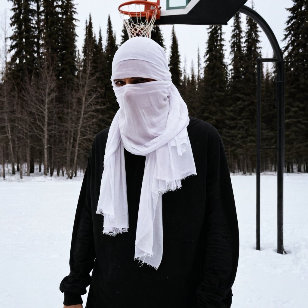 a person wearing a white head covering standing in front of a basketball hoop with a basketball hoop in the background, Abdullah Gërguri, promotional image, an album cover, net art man,archive,high fashion,pale skin,torn clothes,scuffs clothes, abrasions clothes ,rubs clothes,dark,90x,bad quality,no face,bandage,scarf hide his face,melted clothes,flowing clothes,blood stains on clothes,abstract forms,ice melted,antarctica,furr,<lora:High_Fashion:1>  <lora:badquality_v02:1>, by paul zizka, furry, elegant, crystallized, dark, ambient lighting, night time, CCTV