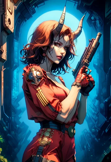 score_9, score_8_up, score_7_up, score_6_up, , demon, horns, futuristic, scifi, plugin, red latex, metal shoulder pads with a yellow stripe on the sides, (metal shin and foot protection), (black joggers: 1.2), large breasts, wide hips, thick thighs, solo, medium hair, (yellow:blue:0. 4) hair color, hair over one eye, gloves, beatiful face, perfecteyes, body 3/4, (Standing half-turn view :1.2), half-side view,
BREAK, ho1ding-weap0n, 1girl, holding Shotgun in hands, shotgun at waist level, weapon shoots, flash, shoots sparks, weapon shoots,
BREAK, Metal hangar, ruins, hangar in ruins, BREAK, g0thicPXL, grin, technology, glowing, neon, holographic display, synozic style, gray skin, (masterpiece:1.2), best quality, high detail, professional lighting, colorfulness, Foreshortening 3/4, <lora:DetailMaximizer:1>