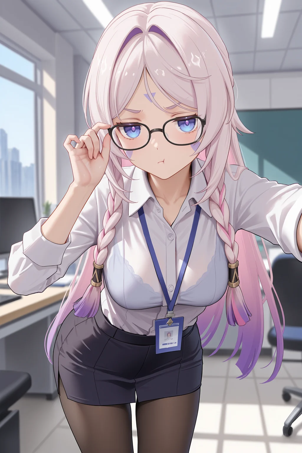 1girl, citlali \(genshin impact\), facial mark, solo, office lady, white collared shirt, pencil skirt, black pantyhose, glasses, jitome, pout, looking at viewer, hand on eyewear, office, indoors, depth of field , <lora:Char-Genshin-Citlali-V1-IL:0.9:hr=0.4>
masterpiece, best quality, amazing quality, very aesthetic, absurdres, perfect features, perfect body, intricate details, ray tracing, (ask \(askzy\), mignon, wlop:0.6)