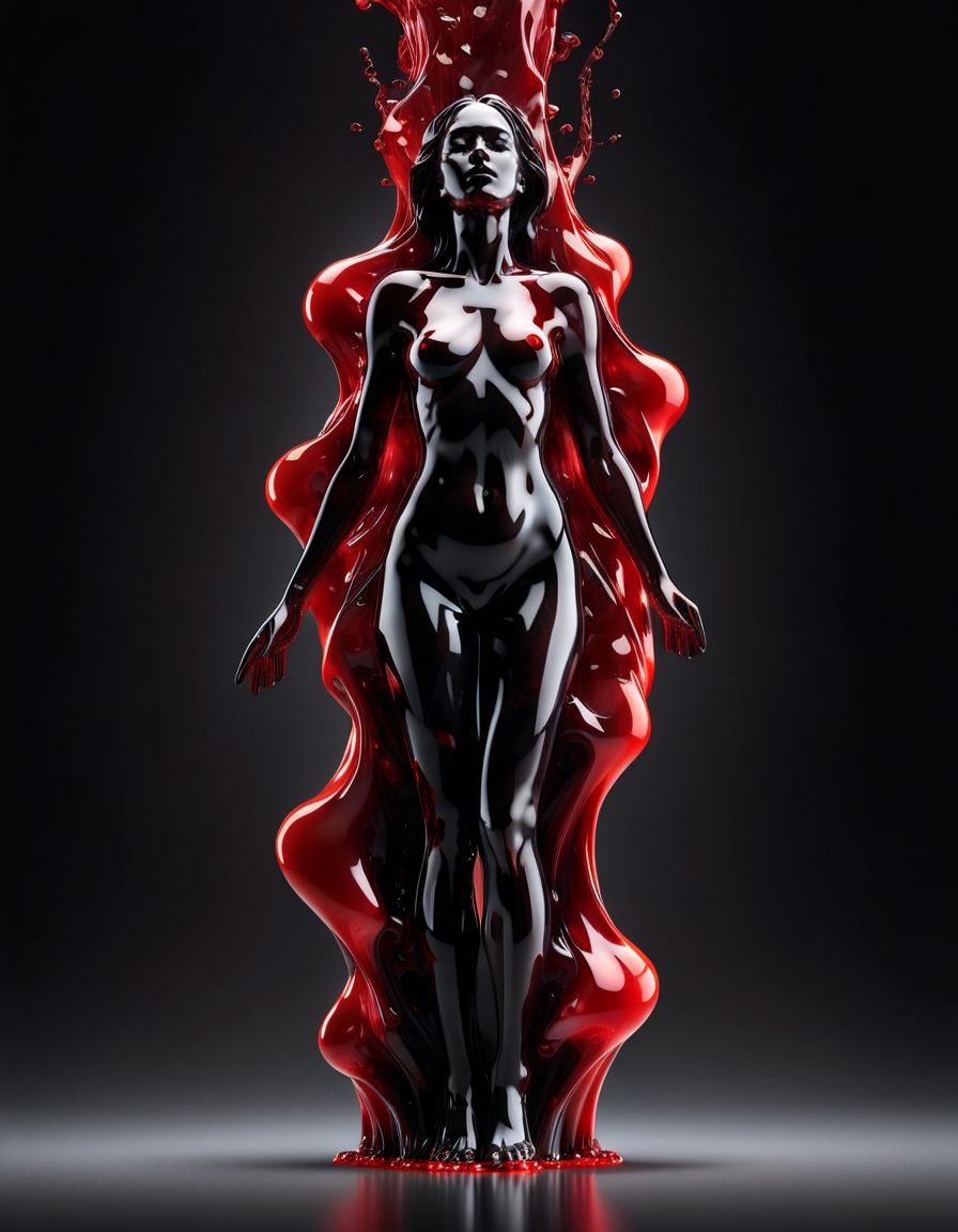 full body, abstract figure resembling a woman, no distinguishable features, sculpted from flashy red glossy material, fluid melting appearance, made of red smoke, parts dripping stretching towards ground, Engulfed BY red, minimalist plain black background, vibrant flashy red color, stark contrast, made of ral-obsdn <lora:ral-obsdn:1>