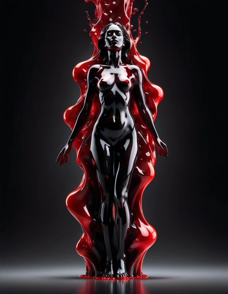 full body, abstract figure resembling a woman, no distinguishable features, sculpted from flashy red glossy material, fluid melting appearance, made of red smoke, parts dripping stretching towards ground, Engulfed BY red, minimalist plain black background, vibrant flashy red color, stark contrast, made of ral-obsdn <lora:ral-obsdn:1>