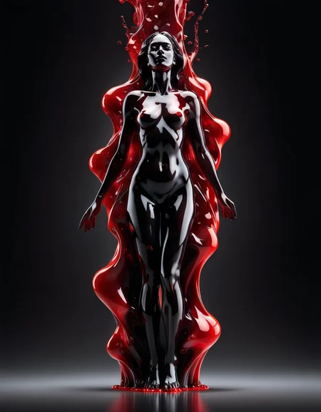full body, abstract figure resembling a woman, no distinguishable features, sculpted from flashy red glossy material, fluid melting appearance, made of red smoke, parts dripping stretching towards ground, Engulfed BY red, minimalist plain black background, vibrant flashy red color, stark contrast, made of ral-obsdn <lora:ral-obsdn:1>