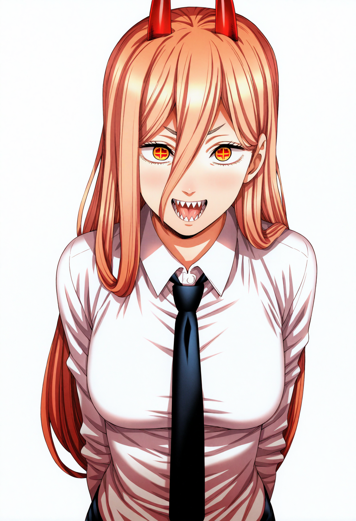 1girl, power \(chainsaw man\), pink hair, blonde hair, red horns, red eyes, cross-shaped pupils, long hair, sharp teeth, hair between eyes, symbol-shaped pupils,
collared shirt, black necktie, long sleeves,
looking at viewer, white shirt, open mouth, arms behind back,
simple background, white background, smile, upper body,
best quality, amazing quality, very aesthetic, absurdres,
 <lora:UrushiharaSatoshiNoob_byKonan:1>
