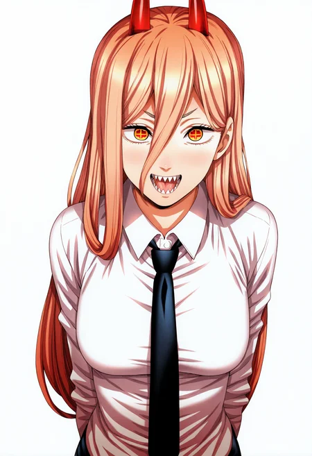 1girl, power \(chainsaw man\), pink hair, blonde hair, red horns, red eyes, cross-shaped pupils, long hair, sharp teeth, hair between eyes, symbol-shaped pupils,
collared shirt, black necktie, long sleeves,
looking at viewer, white shirt, open mouth, arms behind back,
simple background, white background, smile, upper body,
best quality, amazing quality, very aesthetic, absurdres,
 <lora:UrushiharaSatoshiNoob_byKonan:1>