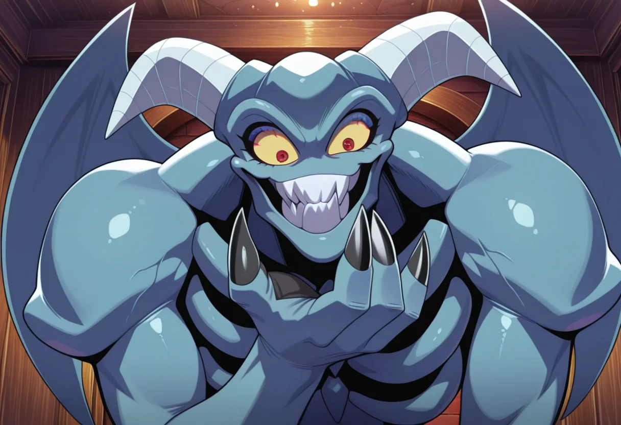 best quality, amazing quality, very aesthetic, absurdres, newest, high quality, masterpiece BREAK 1boy, T00nSkull, ribcage, blue skin, claws, upper body, closed smile, fangs, wings, silly face, giggling, horns, looking at viewer, colored sclera, red eyes, bloodshot eyes, close-up, indoors, closed mouth, hand under chin, looking down <lora:Toon_Summoned_Skull_Yugioh:1> <lora:illustriousXL_stabilizer_v1.93:1>