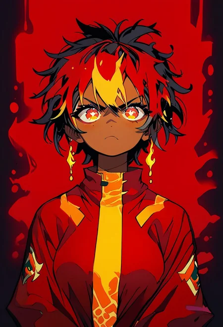 score_9, score_8_up, score_7_up, TKMND, volumetric lighting, portrait, face focus, cel shading,
BREAK
1girl, short hair, red pupils, fire mage, fiery hair, messy hair, dark red hair, leotard, gold patterns on leotard, angry face, sparkling eyes, arcane energy, lava dripping down face, dripping lava, flames in background, flames accentuates features,