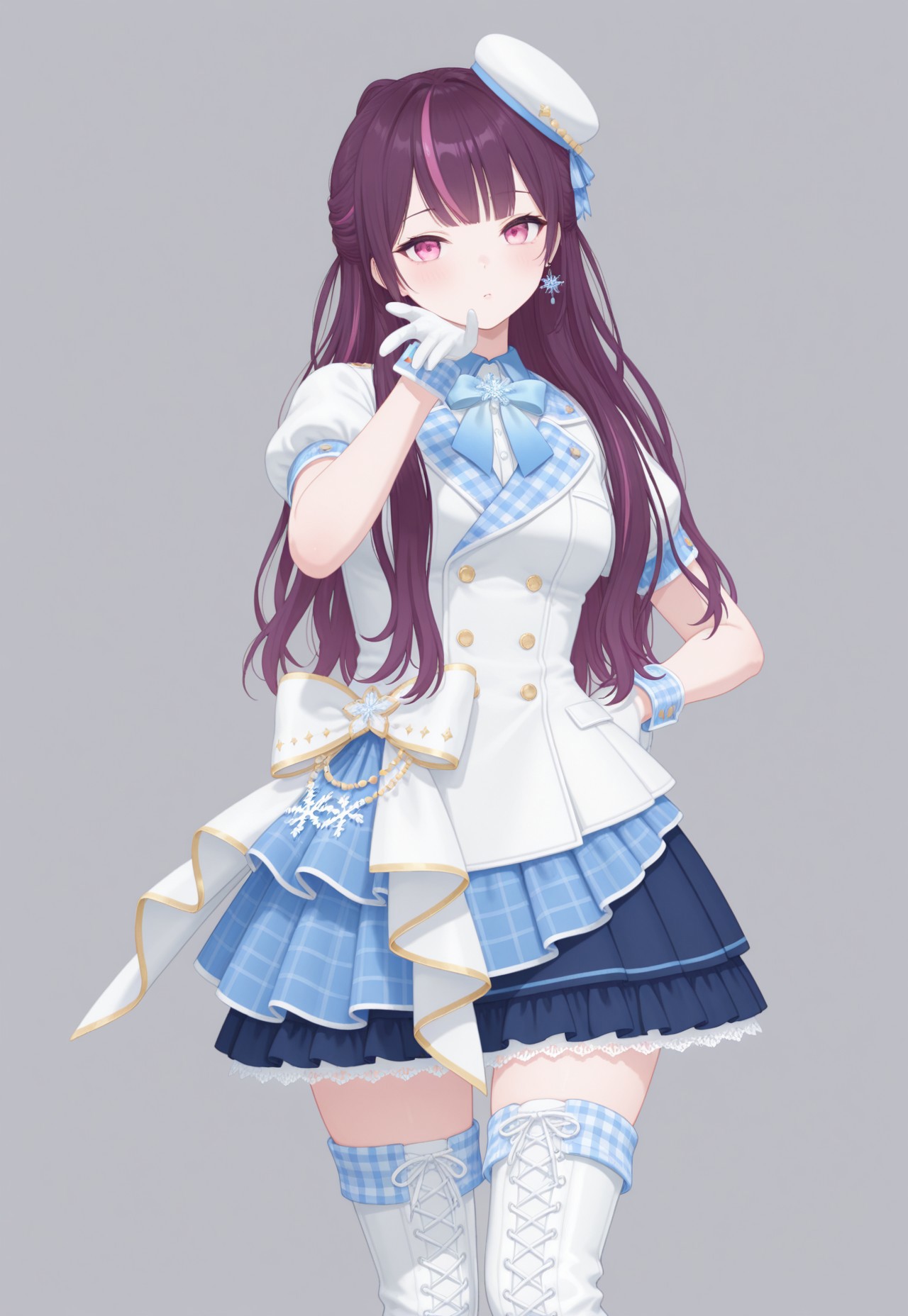 masterpiece, best quality, amazing quality, simple background, white background, white theme, 

shruru, purple hair, long hair, white hat, pink streaked hair, pink eyes, bowtie, blue bow, blue collar, snowflakes, white jacket, buttons, gingham, puffy short sleeves, blue skirt, layered skirt, frilled skirt, white gloves, wrist cuffs, thigh boots, lace-up boots