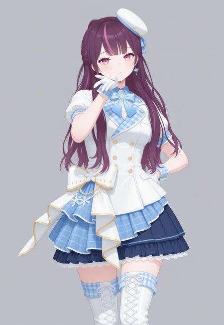 masterpiece, best quality, amazing quality, simple background, white background, white theme, 

shruru, purple hair, long hair, white hat, pink streaked hair, pink eyes, bowtie, blue bow, blue collar, snowflakes, white jacket, buttons, gingham, puffy short sleeves, blue skirt, layered skirt, frilled skirt, white gloves, wrist cuffs, thigh boots, lace-up boots