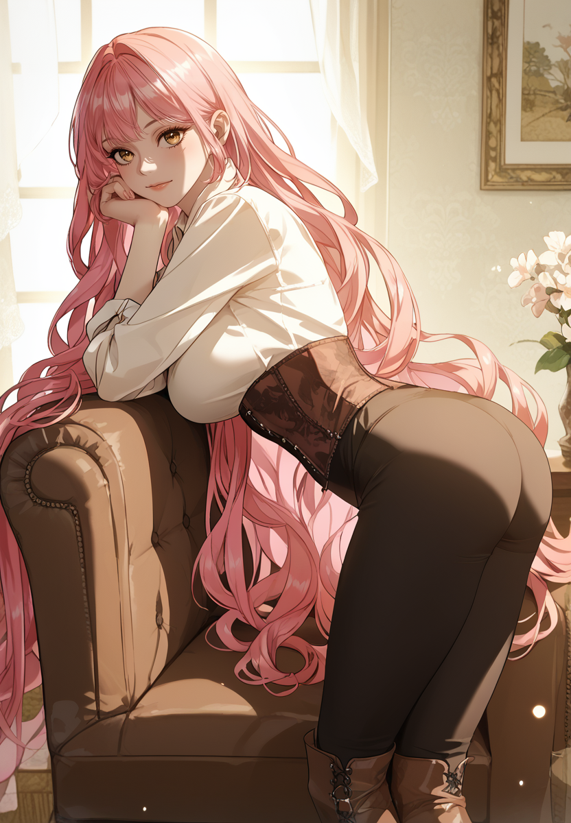 zPDXL3, score_9_up, score_8_up, score_7_up, (Anime_source),Masterpiece,(perfect female body:1.2), small waist, (incredibly detailed:1.4), slim, beautiful fingers, beautiful white skin, Beautiful clear skin, (large breasts:1.4) looking at viewer, big breasts, ass, perfect ass, <lora:Cherry_Sinclair_-_The_Male_Leads_are_Trapped_in_My_House-Kaleid_PONY:0.8>cherrysinclair, 1girl, pink hair, yellow eyes, very long hair, corset, black pants, high boots, brown boots, white shirt, crossed legs, head rest, leaning forward, lying on chair, legs up, from side