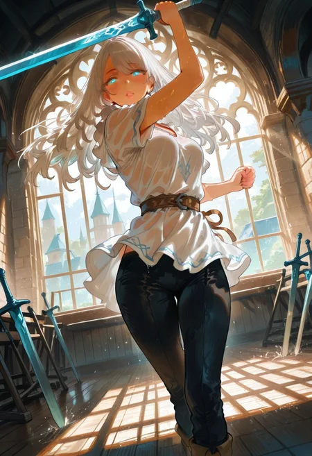 masterpiece, best quality, amazing quality, aesthetic, absurdres, newest, very aesthetic, volumetric lighting, uncensored, 8k, ultrahd, ray tracing, sharp focus,
BREAK
nsfw, ambient occlusion, intricate cinematic background, beautiful detailed face, (sexy, slutty, hot), anime_face, Hews,
BREAK
masterpiece, highly detailed, solo, beautiful eyes, big eyes, (cyan eyes, bright pupils), glowing eyes, detailed eyes, perfect eyes, detailed pupils, perfect body, (sexy lips), 1girl,
BREAK
fair skin,
BREAK
white hair, long hair, swept bangs from left, medium breasts, loose white tunic, tight black trousers, sabatons,
BREAK
dynamic action pose, standing, dynamic expressions, holding weapon, greatsword, training, swinging, sparring, sweaty, focused,
BREAK
portrait, face focus, dutch angle, full body, indoors, day, sunlight, training arena, huge windows, mirrors, weapon racks, medieval fantasy, rich color tone, tasteful layout, cinematic composition, detailed background,