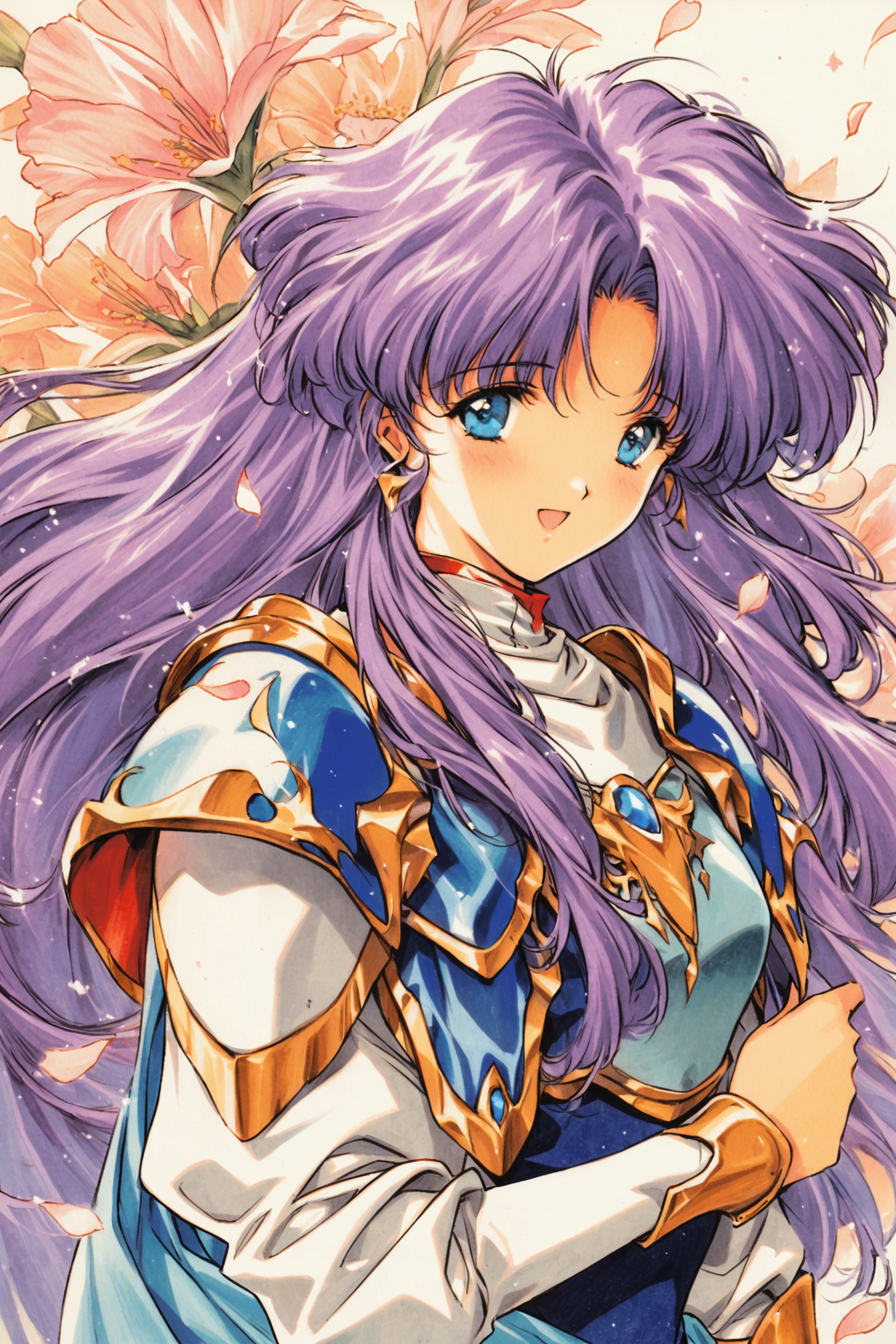 1girl,solo,long hair,blue eyes,retro artstyle,purple hair,weapon,open mouth,smile,1990s (style),petals,upper body,long sleeves,armor,flower,traditional media,<lora:MIN-NARAKEN_XL:0.8>,