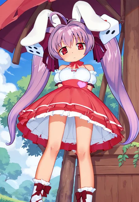 score_9, score_8_up, score_7_up, best quality, uncensored, source_anime, BREAK
1girl, solo, usada_hikaru, ahoge, rabbit ears, dice hair ornament, ahoge, purple hair, twintails, red eyes, ribbon choker, wrist ribbon, dress, usada_hikaru_outfit, red frills skirt, bare shoulders, white socks, high heels,
from below, arms behind back, Sleepy, Drooping eyelids, half-closed eyes, and a slightly dazed expression., outdoors,
<lora:sdxl_lightning_8step_lora:1> <lora:usadahikaru_XL(pony)rev2:0.8>