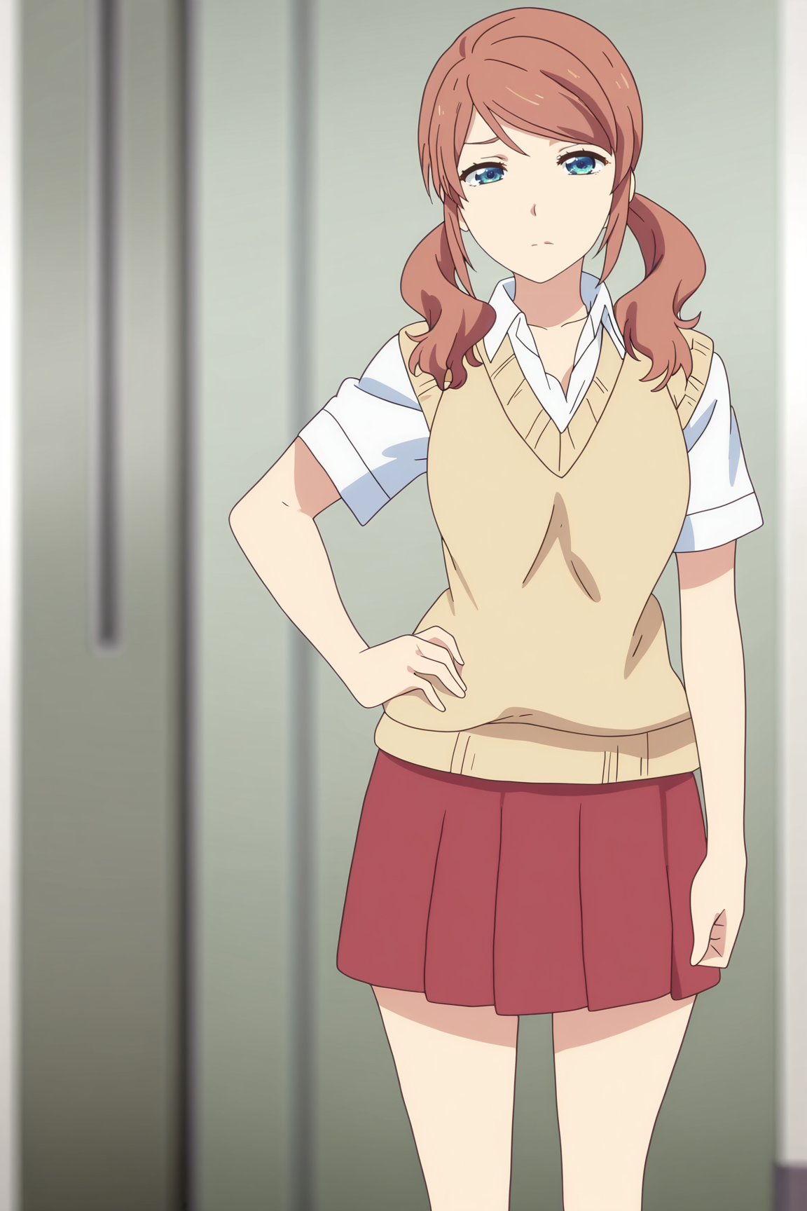 masterpiece, best quality, absurdres, highres, source anime, very aesthetic, BREAK, anime coloring, anime screencap,
<lora:kashiwabara_momo_v2-illustrious:1>, 1girl, kashiwabara momo, domestic na kanojo, blue eyes, brown hair, twintails,
moout, school uniform, sweater vest, pleated skirt, red skirt,
BREAK, looking at viewer, 
BREAK,âââ  hand on hip,squinting