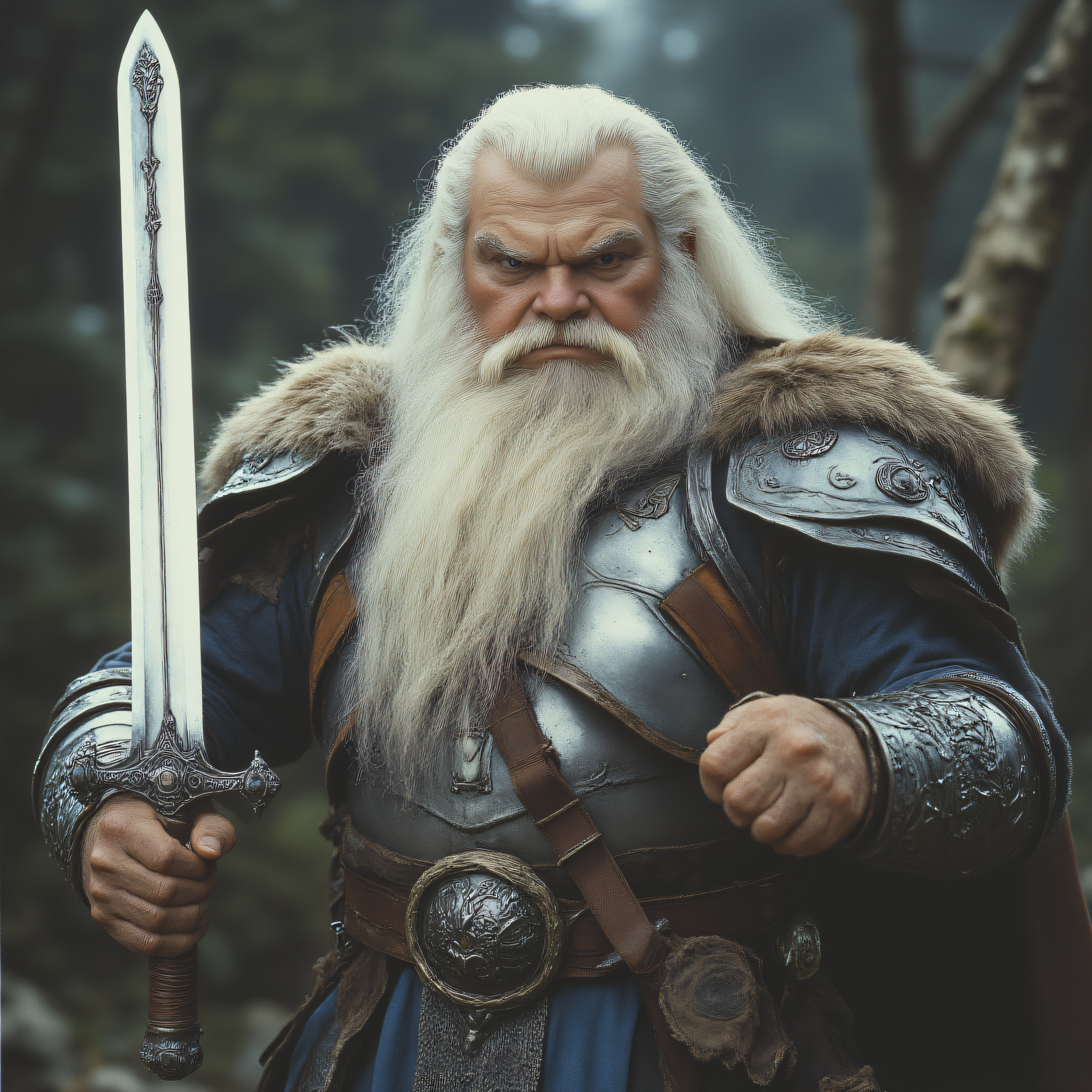 ArsMovieStill, 80s Fantasy Movie Still, The image shows an elderly man with a long white beard and a fierce expression on his face. He is wearing a full suit of armor with intricate designs and patterns. The armor appears to be made of metal and has a fur-lined hood. The man is holding a large sword in his right hand and is standing in a forested area with trees in the background. The overall mood of the image is intense and powerful., 1boy, weapon, sword, male focus, armor, beard, solo, facial hair, white hair, long hair