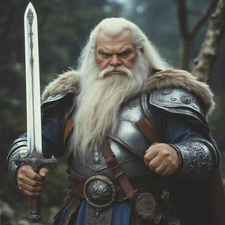 ArsMovieStill, 80s Fantasy Movie Still, The image shows an elderly man with a long white beard and a fierce expression on his face. He is wearing a full suit of armor with intricate designs and patterns. The armor appears to be made of metal and has a fur-lined hood. The man is holding a large sword in his right hand and is standing in a forested area with trees in the background. The overall mood of the image is intense and powerful., 1boy, weapon, sword, male focus, armor, beard, solo, facial hair, white hair, long hair