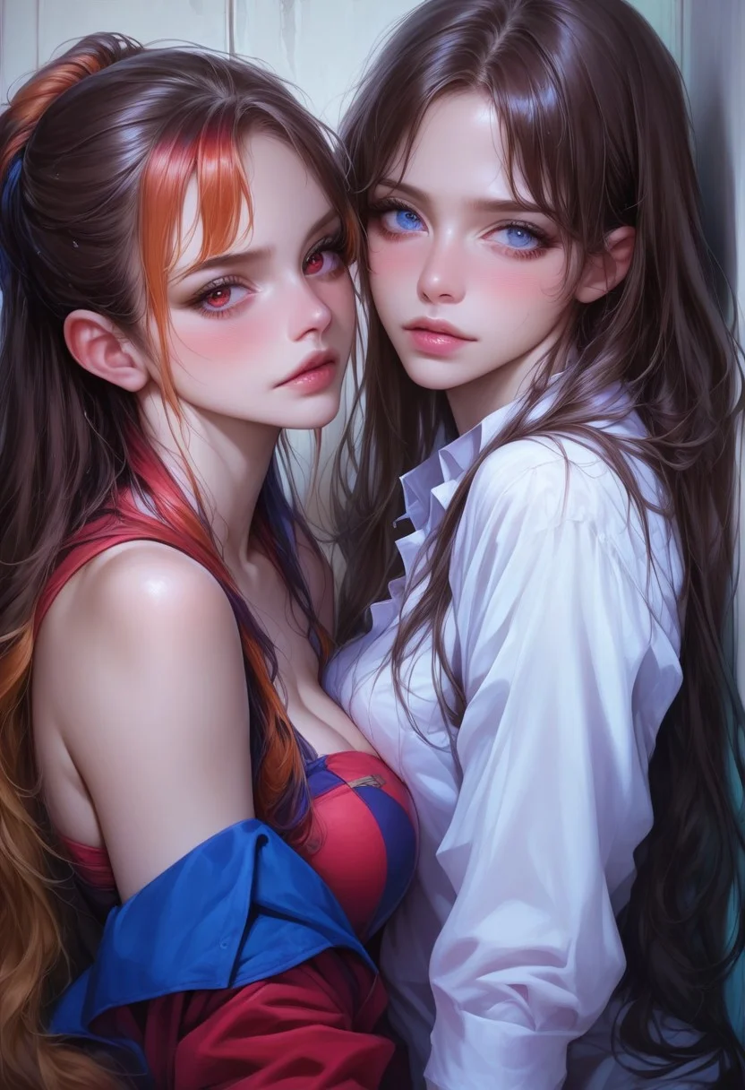 Score_9, score_8_up, score_7_up, score_6_up, score_5_up, score_4_up, 2girls, lesbian, semi-realism, pseudo-realistic, seductive, hetero, beautiful, attractive, breasts, hyperrealistic
Break
Girl with long hair, (two dyed hair silver and brown), blue eyes, wavy hair, pale skin,
Break
Another girl blushing with long hair, dark brown hair, red eyes, slick hair
Break
pressing her against wall, standing, leaning on her, looking at each other,