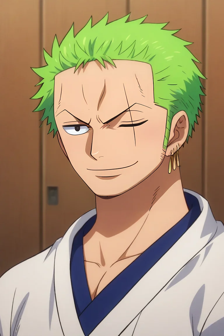 score_9, score_8_up, score_7_up, source_anime, intricate details, (photorealistic:0.6), , upper body, , 1boy, solo, male focus, <lora:zoro_roronoa_pony:0.9>, zoro_roronoa, green hair, black eyes, short hair, , earrings, post timeskip, , scar across eye, one eye closed, , , smile, medieval costume, locker room, , <lora:sdxl_lightning_8step_lora:1>