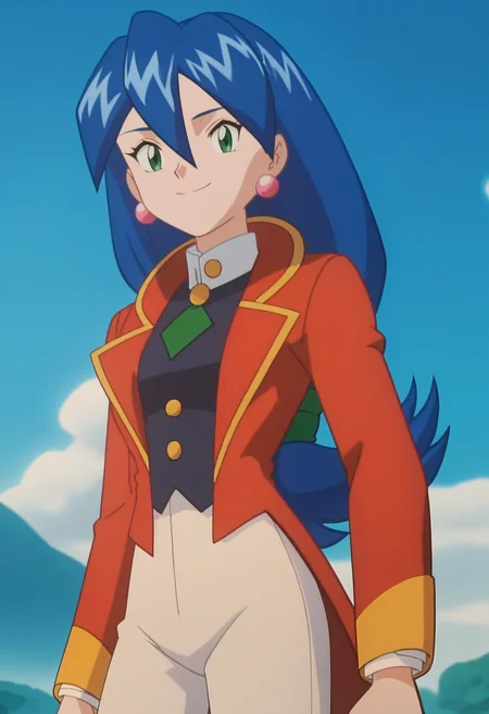 score_9, score_8_up, score_7_up, score_6_up, anime screencap, anime coloring, <lora:PMStella_epoch_10:1>, PMStella, 1girl, solo, blue hair, low-tied long hair, hair between eyes, green eyes, earrings,
red tailcoat, white pants,
looking at viewer, smile, hand on own hip, cowboy shot,
BREAK blue sky, sunlight, day, sunbeam,