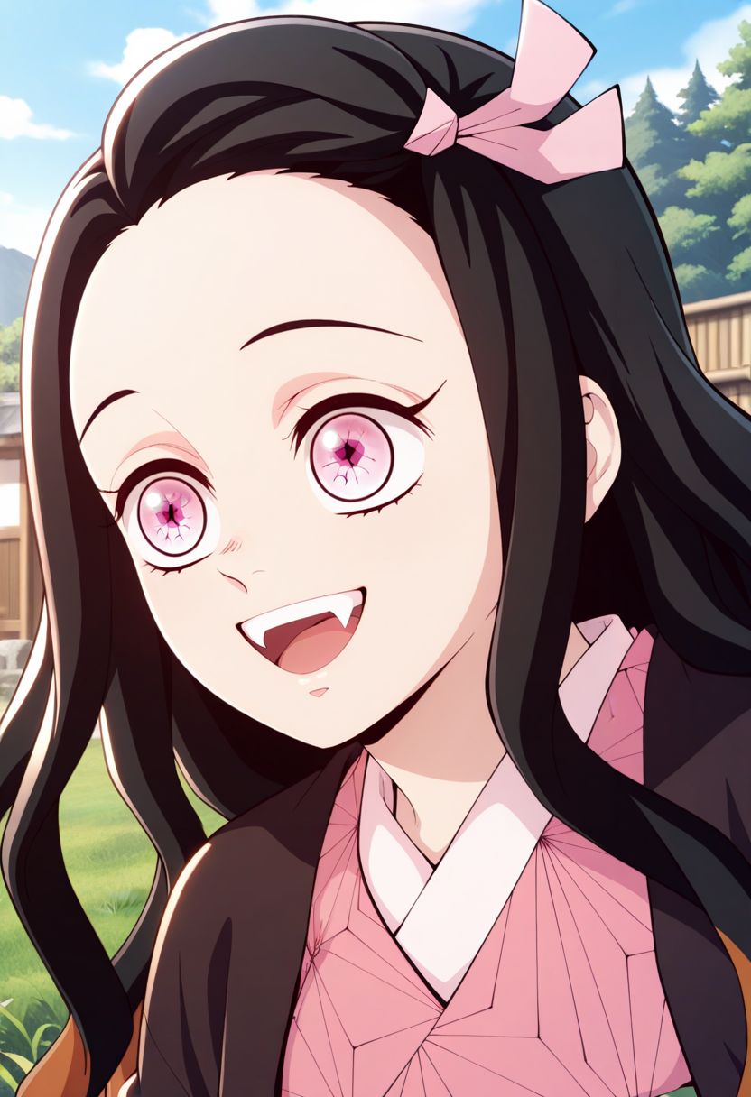 newest, masterpiece, best quality, 4k,
outdoors, very aesthetic, detailed background, face focus,
1girls, solo,   <lora:Nezuko Kamado - Demon Slayer:1> nezuk0, kamado nezuko, black hair, multicolored hair, long hair, pink eyes, pink ribbon, japanese clothes, pink kimono, checkered sash,  haori, smile, open mouth, upper teeth only, fangs,