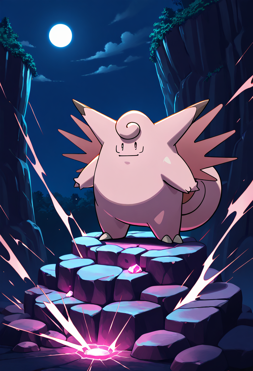masterpiece, best quality, no humans,    zzClefable, perched atop a rocky hill at twilight, wings outstretched, absorbing the moonlight as nearby stones levitate gently around it.  ,<lora:ClefablePokedexIXL:1.0>,