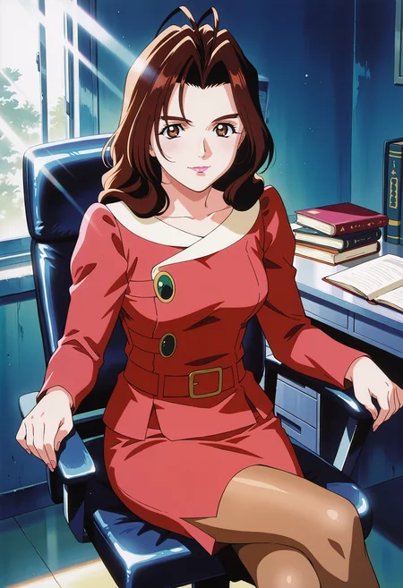 masterpiece,best quality,amazing quality,very aesthetic,absurdres, <lora:aoigpx_IL1-100008:0.9>aoigpx, 1girl, retro artstyle, anime coloring, solo, long hair, antenna hair, brown hair, black hair, brown eyes, wavy hair, lips, lipstick,aoi red dress, belt, pencil skirt, red skirt, long sleeves, brown pantyhose, crossed legs,sitting, office chair, window, sunbeam, desk, book, looking at viewer, light smile, indoors,