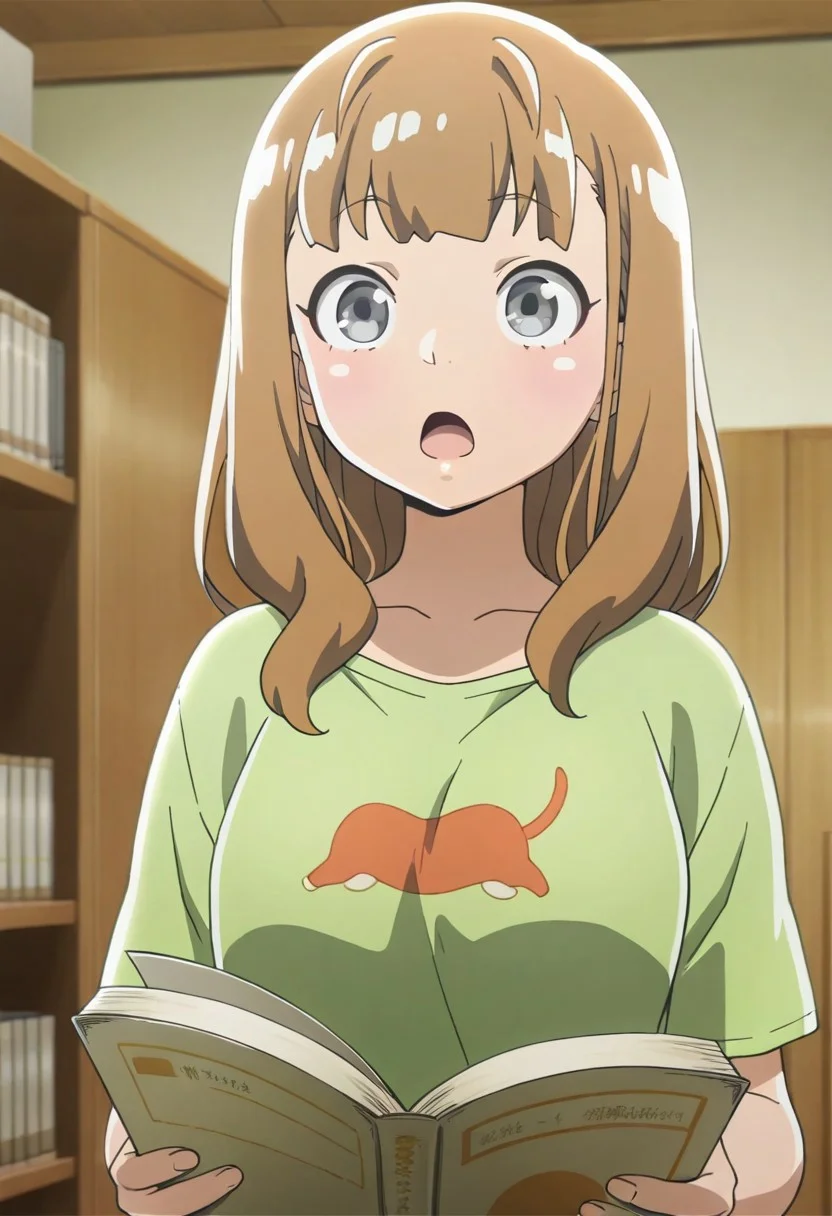 masterpiece,best quality,amazing quality, miyake hinata, brown hair, grey eyes, 1girl, solo, open mouth, shirt, book, long hair, green shirt, indoors, holding, upper body, collarbone, open book