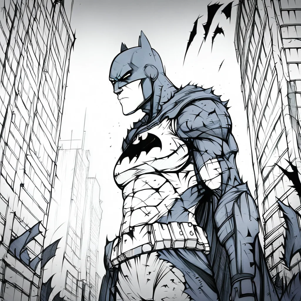 Evang, Batman standing in a destroyed city street with torn clothing, scars, scratches, battle damaged suits, tactical armor, muscular, menacing look, Batmobile to the left in the background