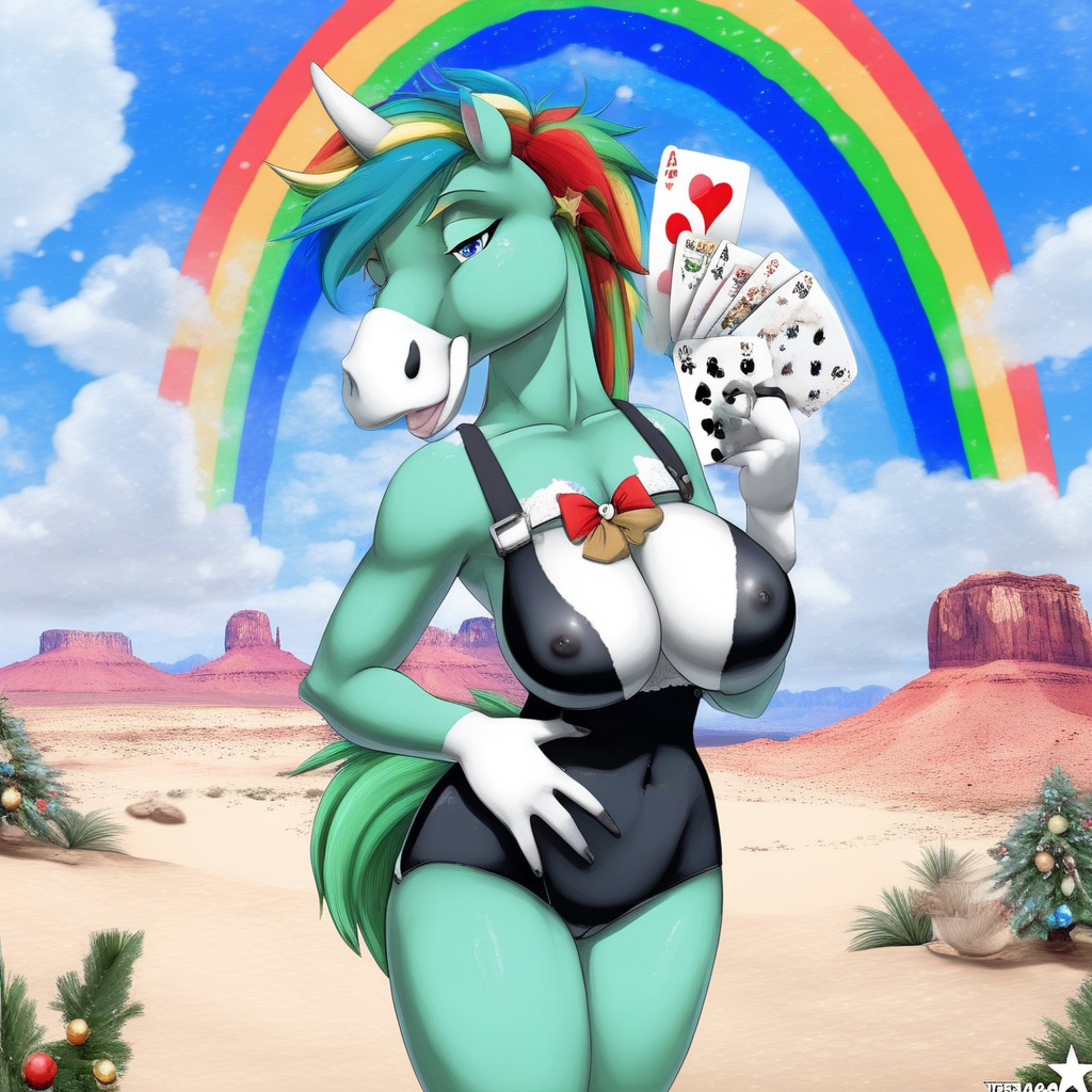 black gloves, animal, poker chip, open mouth, dress lift, outdoors, cameltoe, cow print bikini, animal ear fluff, desert, sailor jupiter, sweater lift, christmas, cowboy shot, cloud, blue eyes, abs, trembling, rainbow hair, hair ornament, blue choker, pegasus, short hair