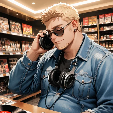 masterpiece, best quality, amazing quality, absurdres, newest, detailed background, definition so sharp, Ultra-HD, 8K cinematic, very awa, impressionate, amazing quality, highres, 
solo, male focus, manly, 
1boy, short hair, goatee, chubby, rikio_blonde, rikio_brown eyes, rikiokamamoto, sunglasses \(around neck\), earrings, sideburns, casual wear, denim jacket, record store, vibrant colors, chill, absorbed, content, harmonious, rhythmic, holding headphones, listening to music, closed eyes, subtle smile,