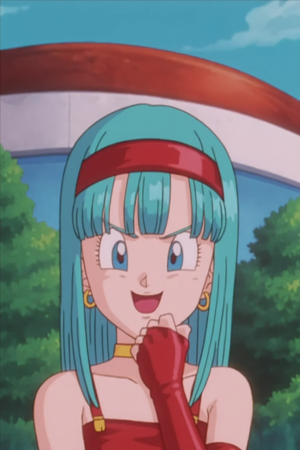 source_anime, score_9, score_8_up, score_7_up, anime screencap,
bulla, 1girl, solo, long hair, straight hair, aqua hair, smile, blue eyes, bare shoulders, eyebrows, blunt bangs, eyelashes, outdoors, sky, day, fingerless gloves, tree, evil laugh, red hairband, bush, touching chin, v-shaped eyebrows, tongue, house, red crop top, red gloves, pointy nose, open mouth, looking at another, portrait, elbow gloves, cloud, choker, collarbone, anime coloring, 1990s \(style\), retro artstyle, bridal gauntlets, close-up, leather
 <lora:bulla_pony_v1:0.7>