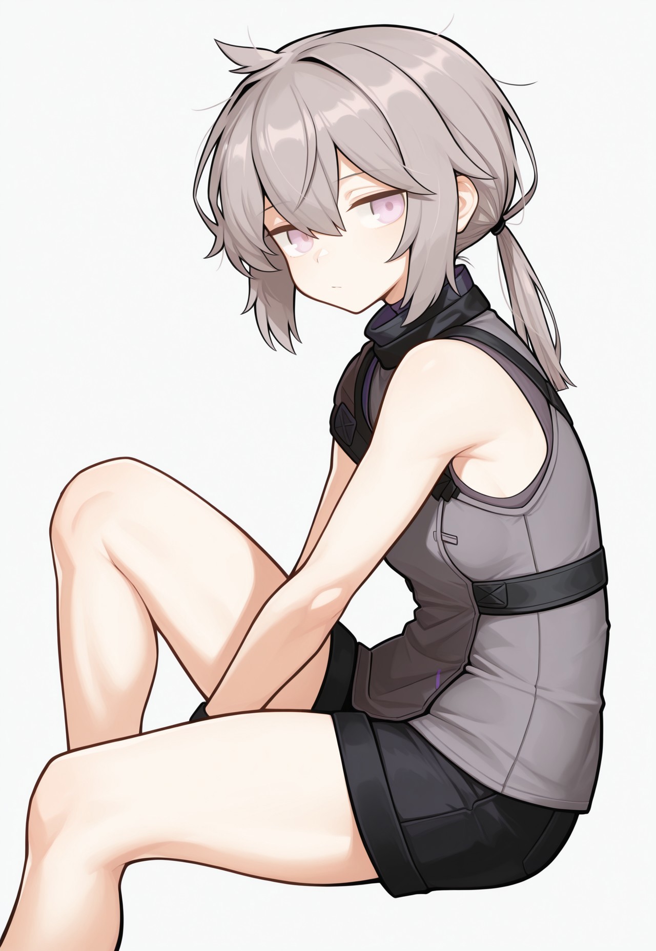 masterpiece, best quality, good quality, very aesthetic, absurdres, newest, 8K, focused subject, grey background BREAK 1girl, sitting, (invisible chair), knee up, looking at viewer, looking to the side, from side, m200 \(girls' frontline\), messy hair, elmodorm, sleeveless, zipper, black turtleneck, grey shirt