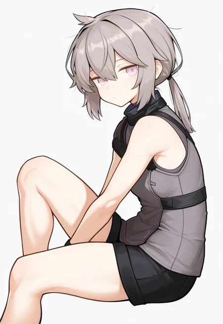 masterpiece, best quality, good quality, very aesthetic, absurdres, newest, 8K, focused subject, grey background BREAK 1girl, sitting, (invisible chair), knee up, looking at viewer, looking to the side, from side, m200 \(girls' frontline\), messy hair, elmodorm, sleeveless, zipper, black turtleneck, grey shirt