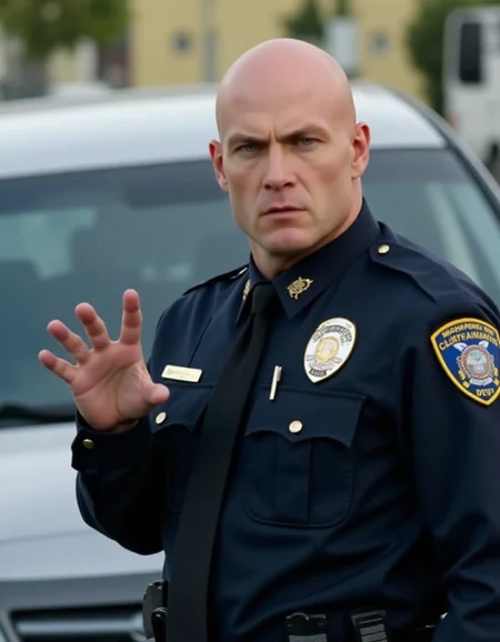 <lora:Hitman (World of Assassination)_epoch_5:1>,bald man in police uniform,Traffic cop stops the car,Serious face expression.,