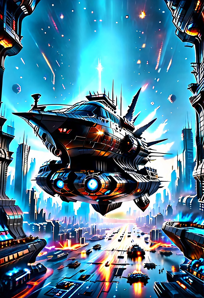 high quality, 8K Ultra HD, highly realistic, The great and sleek black ship is moving forward, flying over a futuristic cyberpunk city.  It has powerful guns that are firing blue lasers . Embark on an enchanting 8K photorealistic journey. The starship's design boasts advanced technological elements. The camera captures every minute detail, by VelvetS, octane render,from slightly to the side.  perfectly symmetrical ship.  Weapons fire blue energy beams, 
<lora:DonM3t3rn1tyXL-v1.1:0.7>, DonM3t3rn1tyXL,
OverallDetailXL  <lora:MJ52:0.3>  <lora:SDXLFaeTastic2400:0.4>