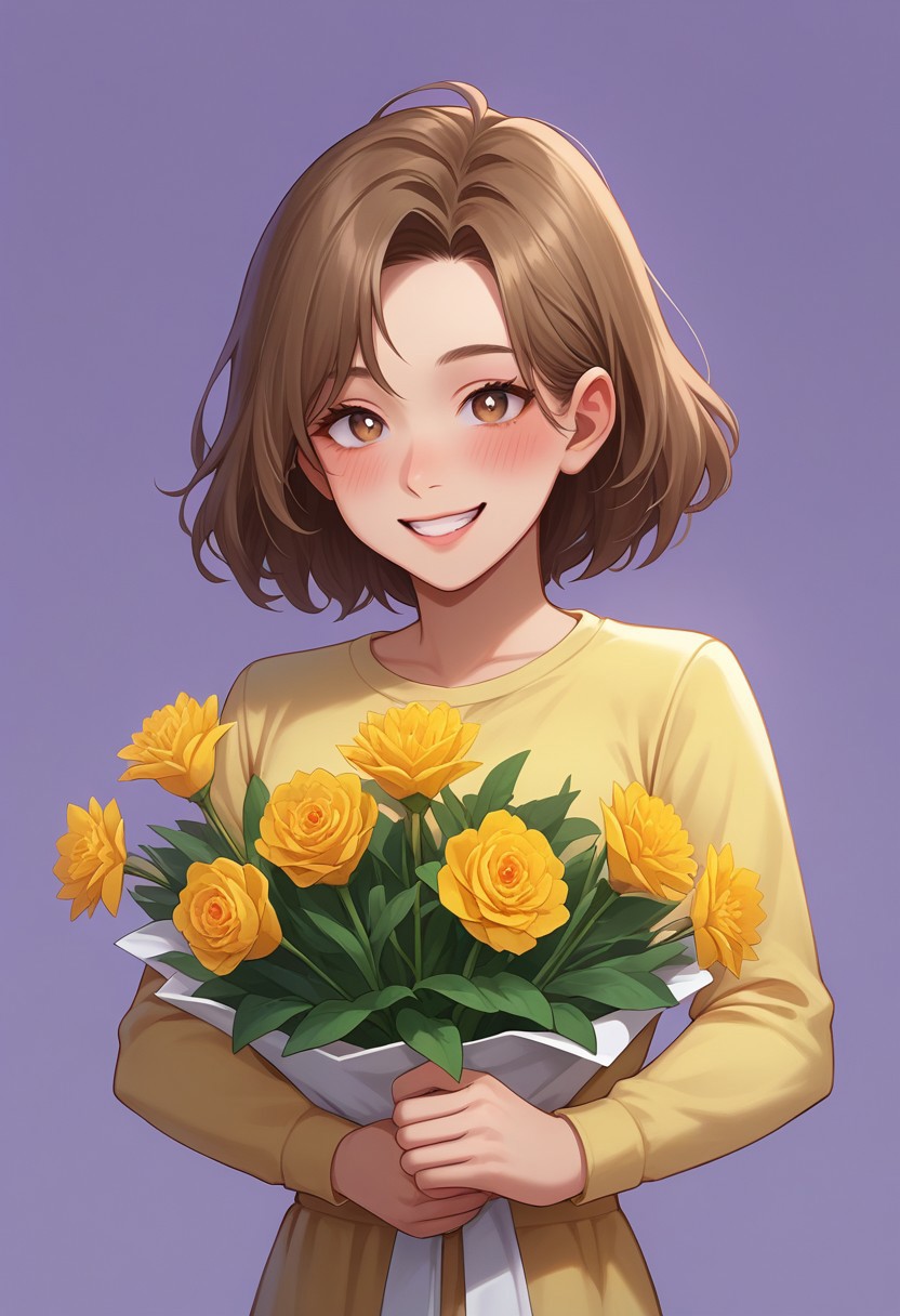 score_9, score_8_up, score_7_up, score_6_up, CasGAC, masterpiece, best quality, detailed eyes, detailed face, perfect eyes, high detailed, absurdres, highres, BREAK 1girl, young, solo, pretty, small breasts, brown medium hair, Chinese hairstyle, big yellow flowers in her hair, smile, teeth, blush, bright eyes, yellow shirt, flowers in a bouquet, BREAK hands down, standing, closeup shot, looking at viewer, BREAK simple background, purple gradient background