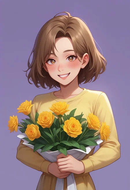score_9, score_8_up, score_7_up, score_6_up, CasGAC, masterpiece, best quality, detailed eyes, detailed face, perfect eyes, high detailed, absurdres, highres, BREAK 1girl, young, solo, pretty, small breasts, brown medium hair, Chinese hairstyle, big yellow flowers in her hair, smile, teeth, blush, bright eyes, yellow shirt, flowers in a bouquet, BREAK hands down, standing, closeup shot, looking at viewer, BREAK simple background, purple gradient background