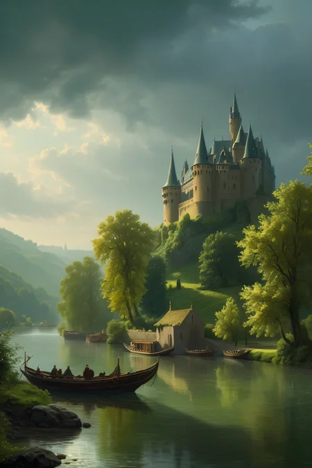fantasy atmosphere, (a small castle Trond above the river Rhine in Germany on a suny day),(13th Century:1.5), dramatic atmosphere, dream scenery art, beautiful oil painting, masterpiece, highres, <lora:add-detail-xl:1>  <lora:Aros_Castle_Style:0.7>